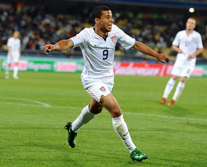 Charlie Davies of USA celebrates scoring the opening goal. USA defeated Egypt 3-0 during the FIFA Confederations Cup at Royal Bafokeng Stadium in Rustenberg, South Africa on June 21, 2009.